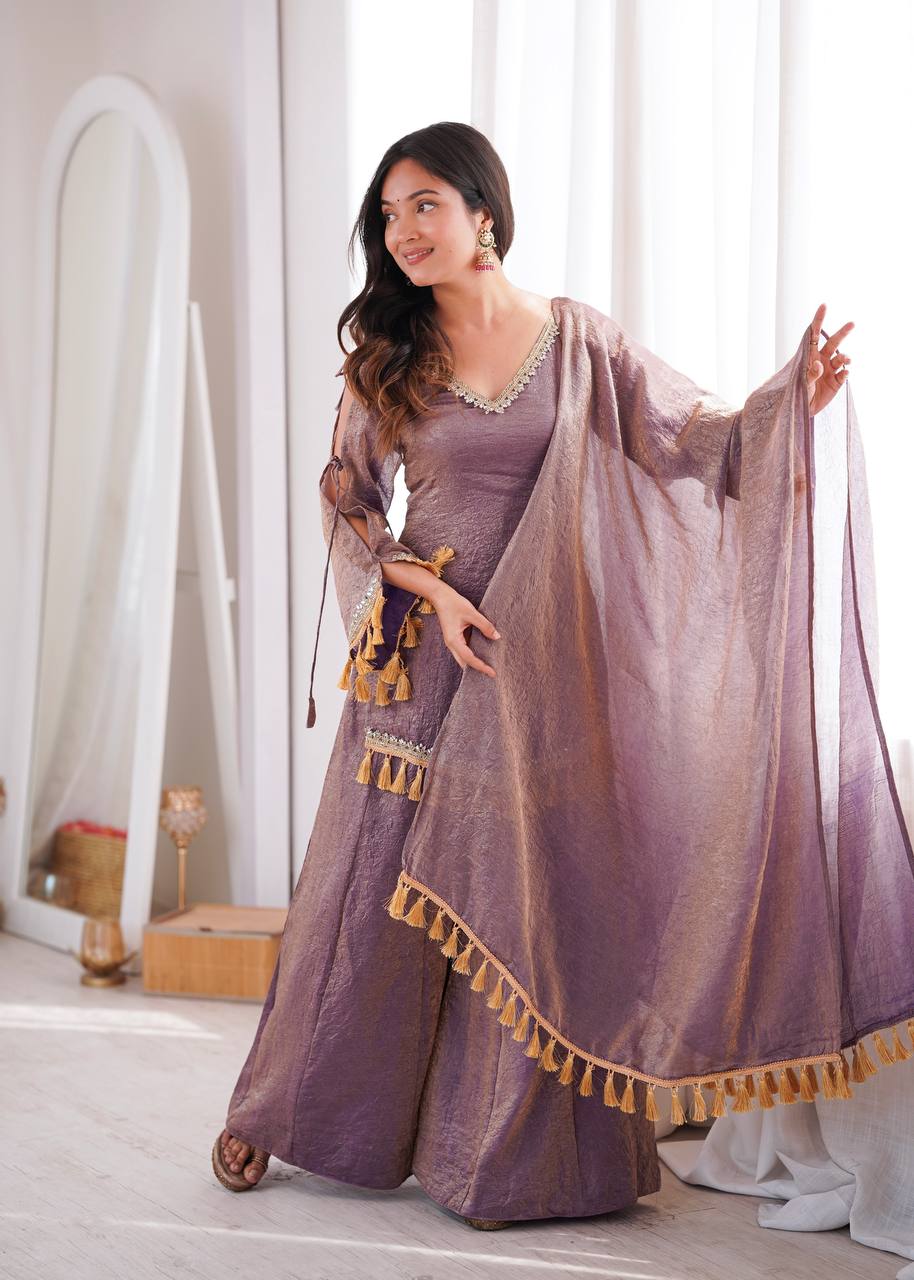 MAUVE PURPLE DESIGNER KURTA PALAZZO SET WITH TASSEL DUPATTA
