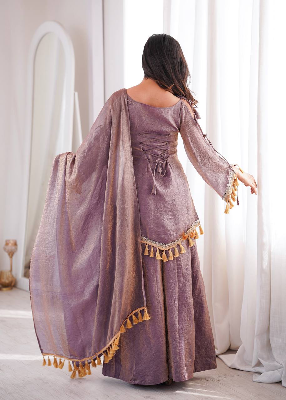 MAUVE PURPLE DESIGNER KURTA PALAZZO SET WITH TASSEL DUPATTA