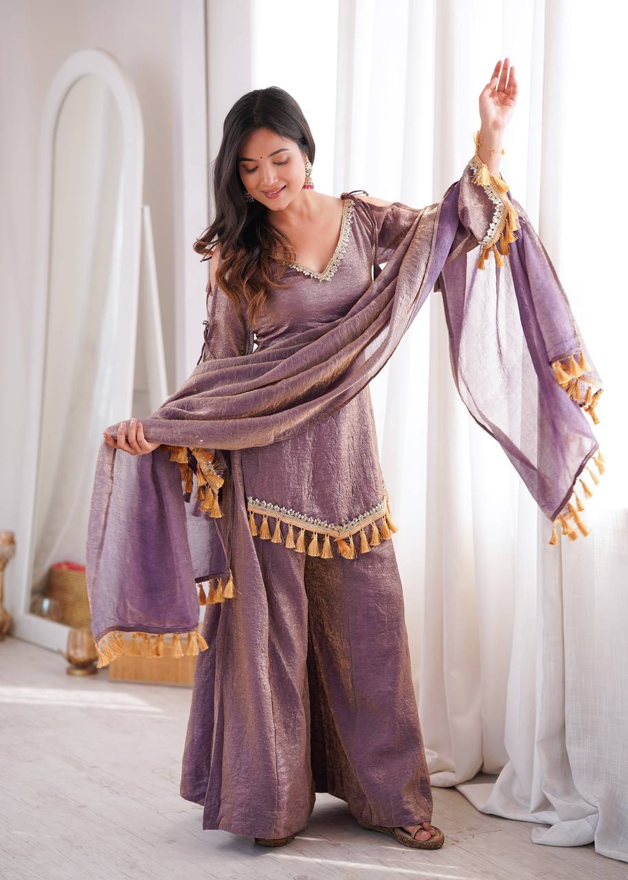 MAUVE PURPLE DESIGNER KURTA PALAZZO SET WITH TASSEL DUPATTA