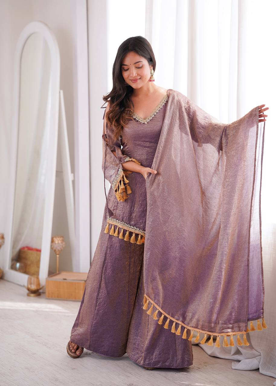 MAUVE PURPLE DESIGNER KURTA PALAZZO SET WITH TASSEL DUPATTA