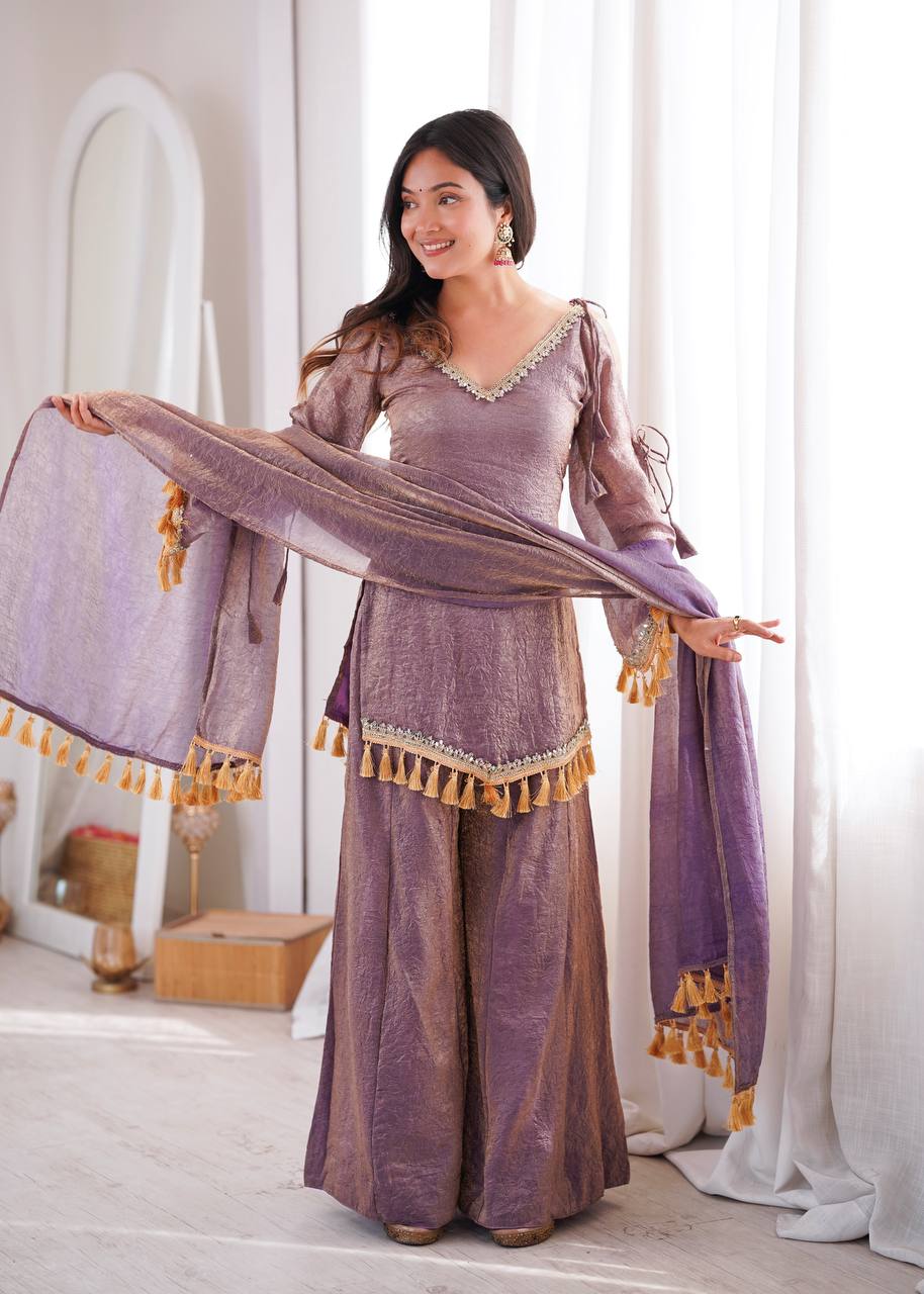 MAUVE PURPLE DESIGNER KURTA PALAZZO SET WITH TASSEL DUPATTA