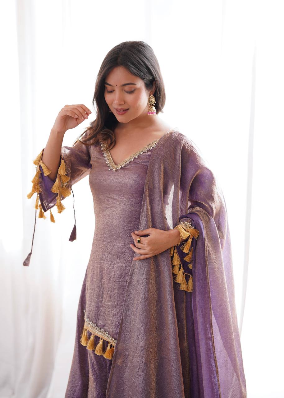 MAUVE PURPLE DESIGNER KURTA PALAZZO SET WITH TASSEL DUPATTA
