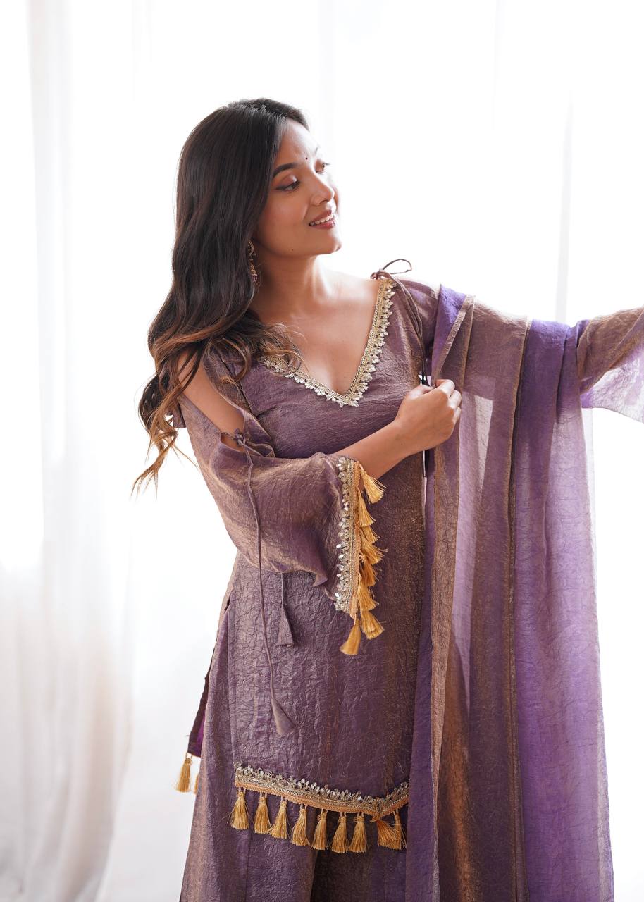 MAUVE PURPLE DESIGNER KURTA PALAZZO SET WITH TASSEL DUPATTA