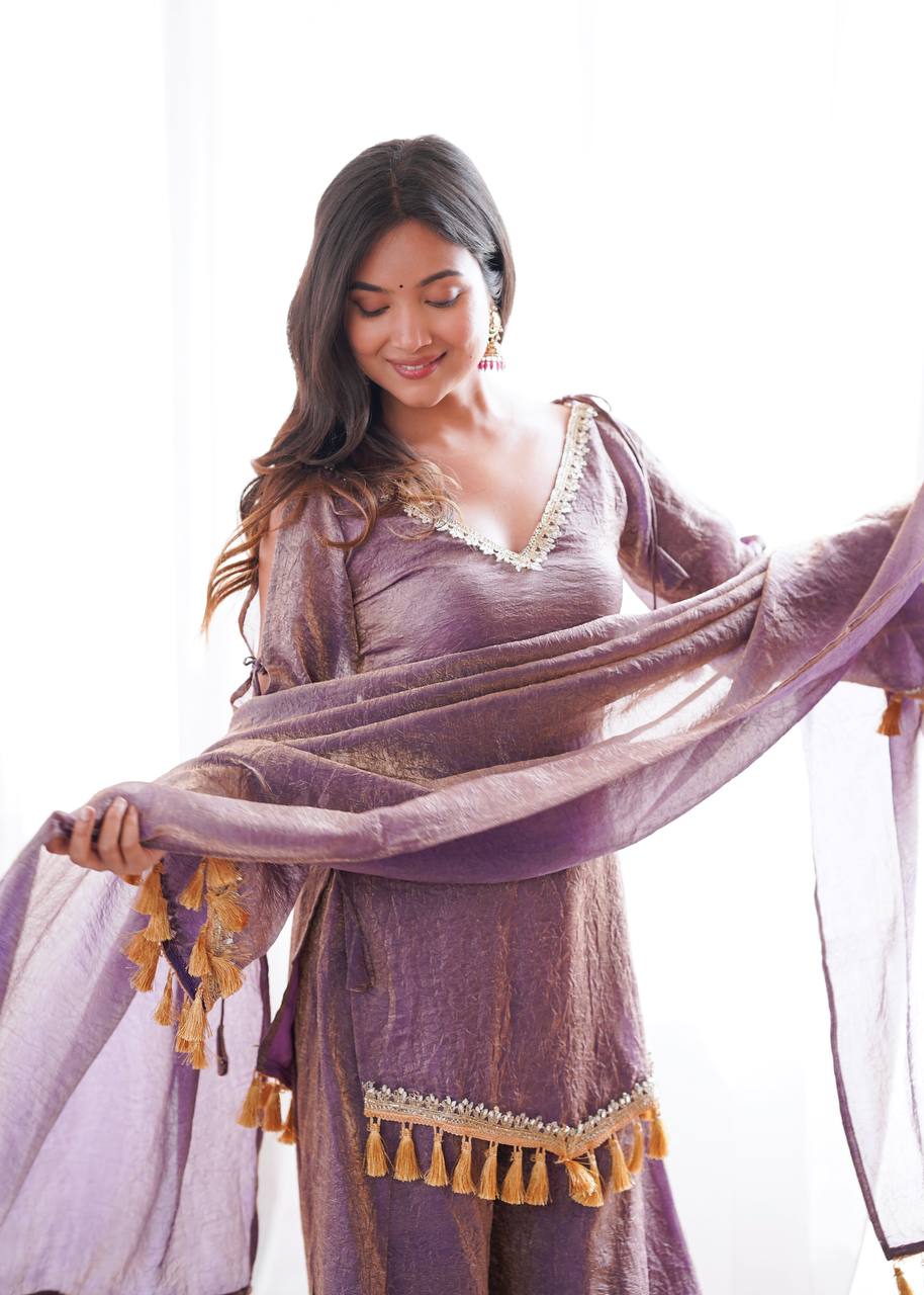 MAUVE PURPLE DESIGNER KURTA PALAZZO SET WITH TASSEL DUPATTA