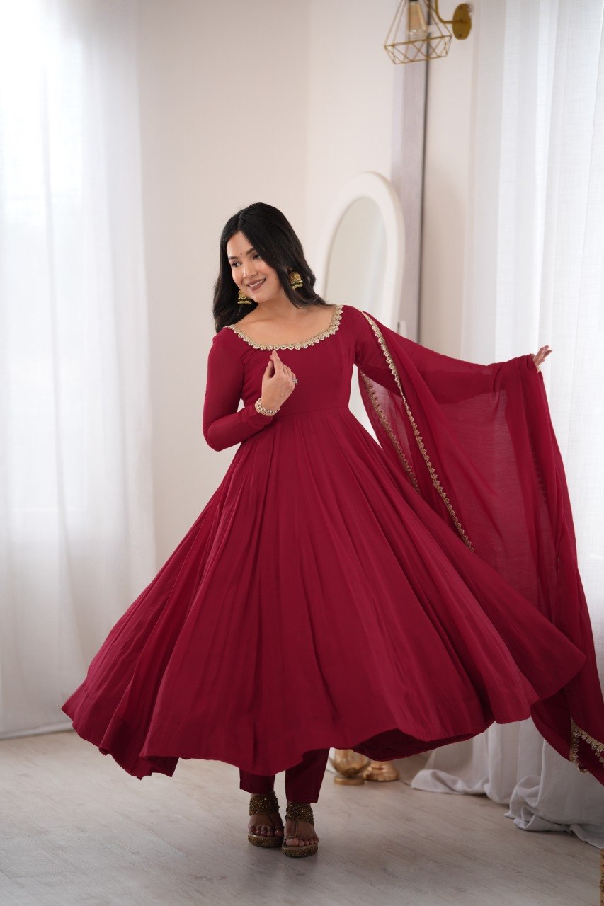 DESIGNER MAROON MAL CHANDERI MIRROR WORK 16 KALI ANARKALI SUIT SET