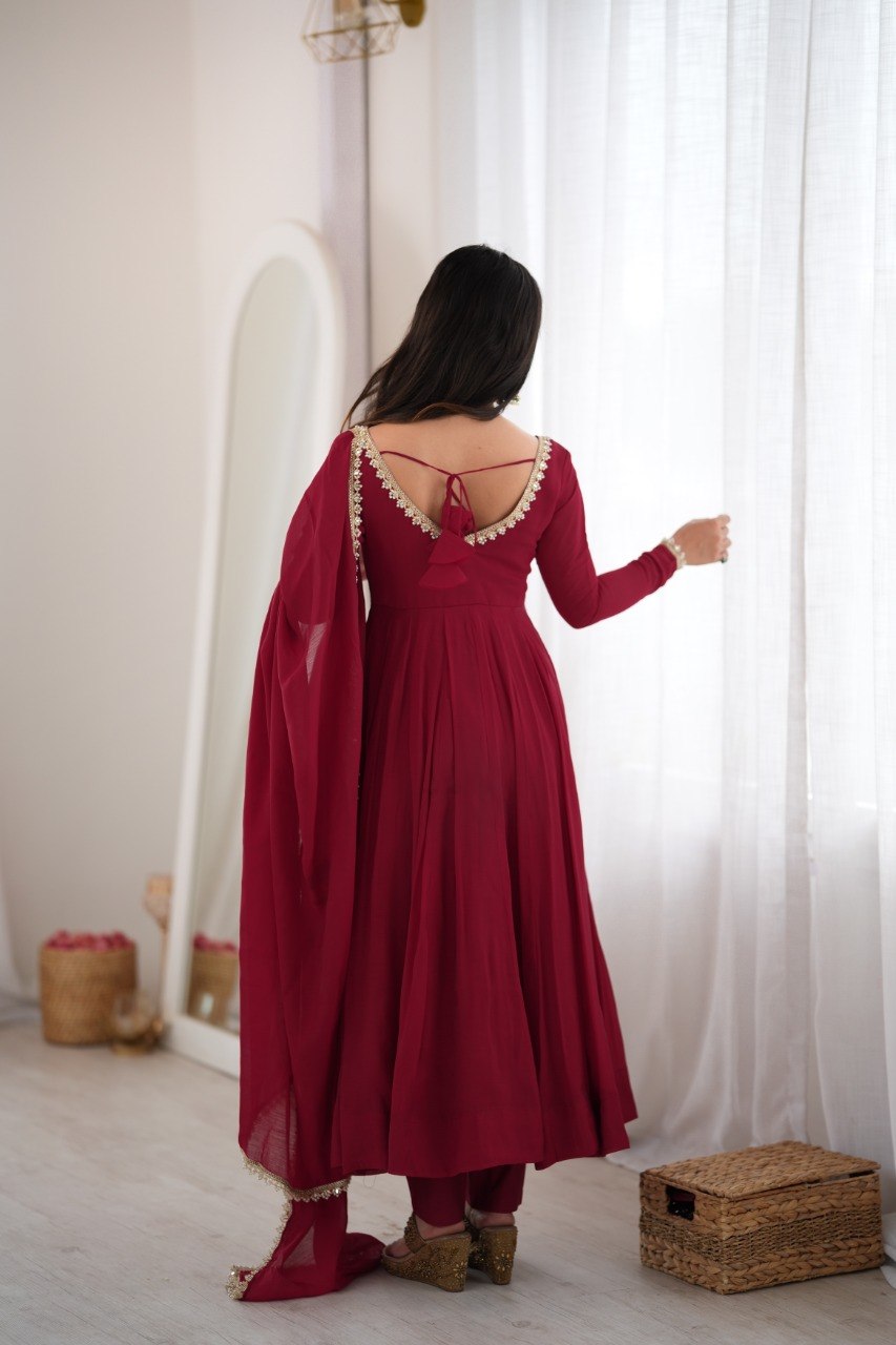 DESIGNER MAROON MAL CHANDERI MIRROR WORK 16 KALI ANARKALI SUIT SET