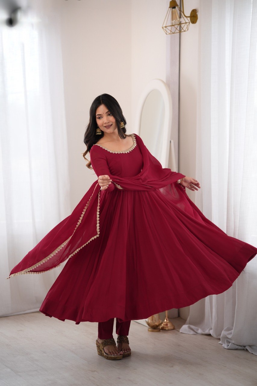 DESIGNER MAROON MAL CHANDERI MIRROR WORK 16 KALI ANARKALI SUIT SET