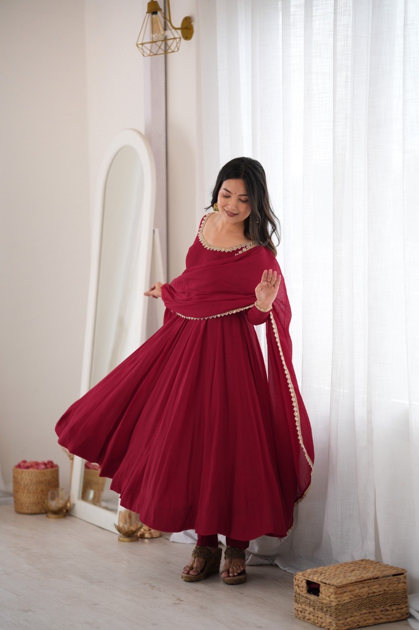 DESIGNER MAROON MAL CHANDERI MIRROR WORK 16 KALI ANARKALI SUIT SET