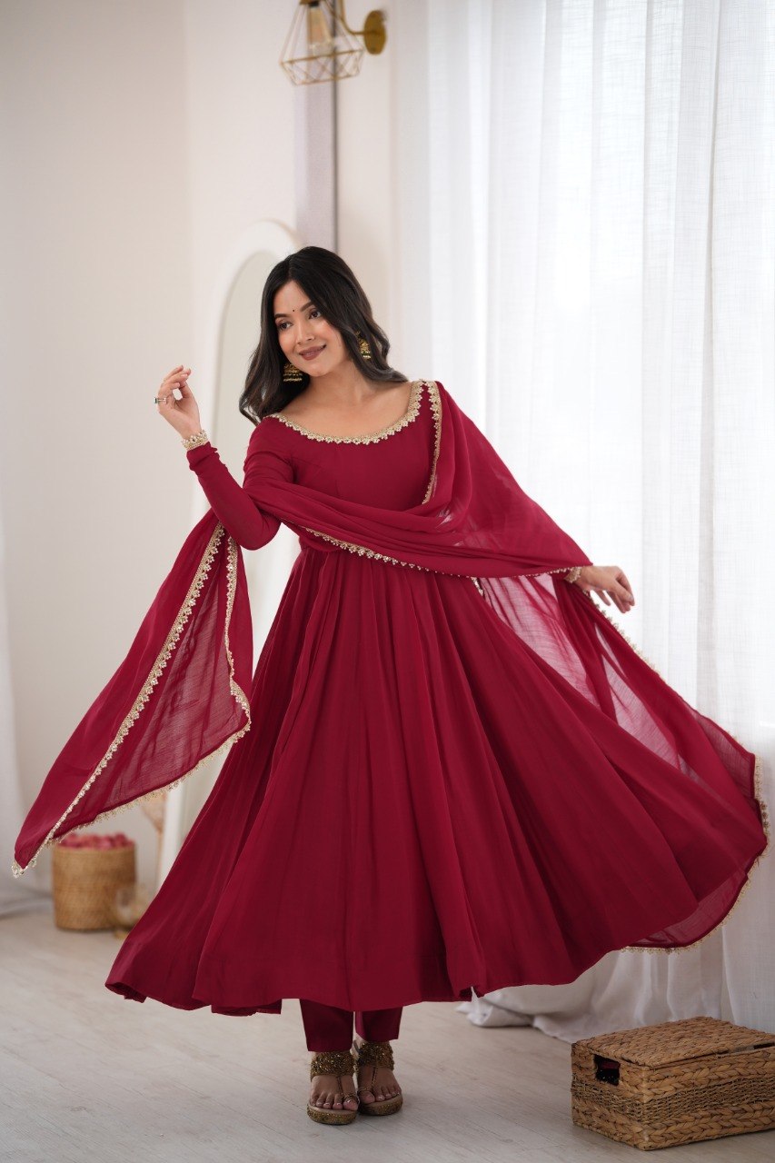 DESIGNER MAROON MAL CHANDERI MIRROR WORK 16 KALI ANARKALI SUIT SET