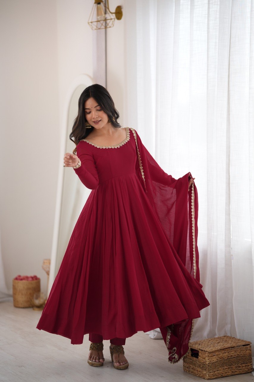 DESIGNER MAROON MAL CHANDERI MIRROR WORK 16 KALI ANARKALI SUIT SET