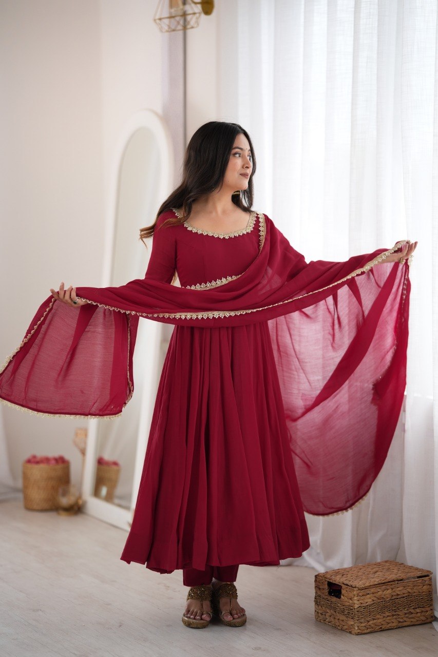 DESIGNER MAROON MAL CHANDERI MIRROR WORK 16 KALI ANARKALI SUIT SET
