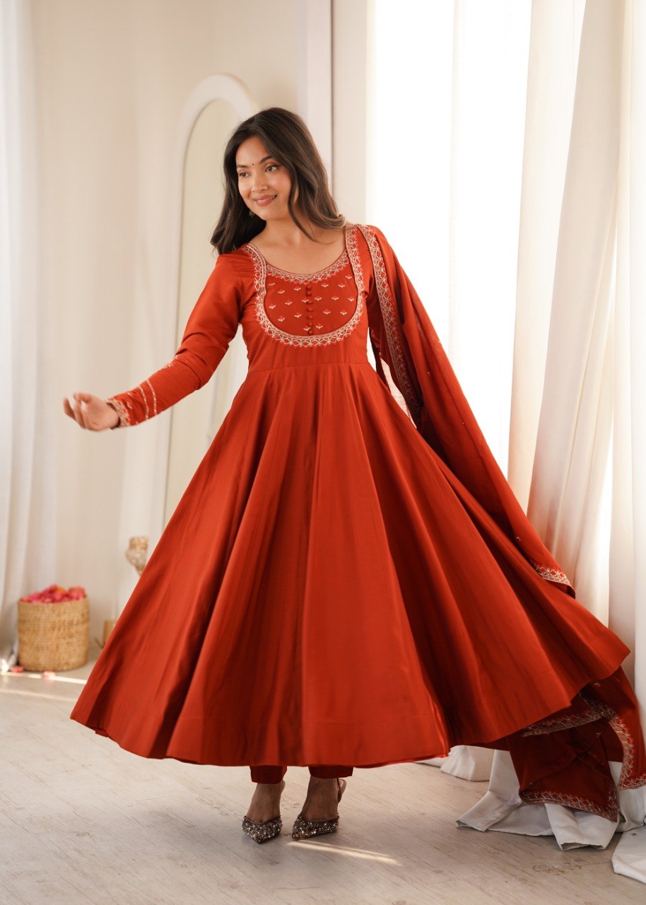 RUST ORANGE ROMAN CHANDERI SILK EMBROIDERED 16 KALI ANARKALI SUIT SET