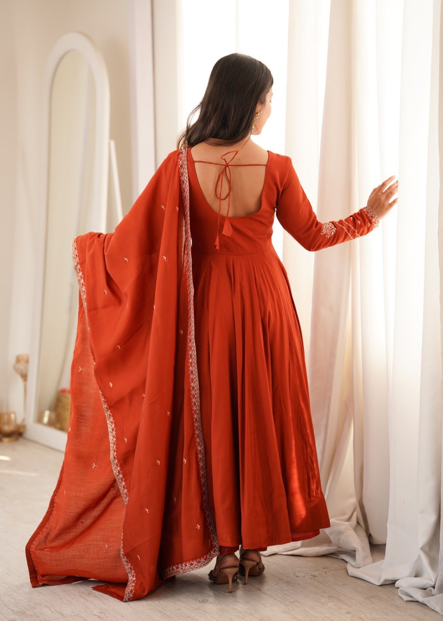 RUST ORANGE ROMAN CHANDERI SILK EMBROIDERED 16 KALI ANARKALI SUIT SET