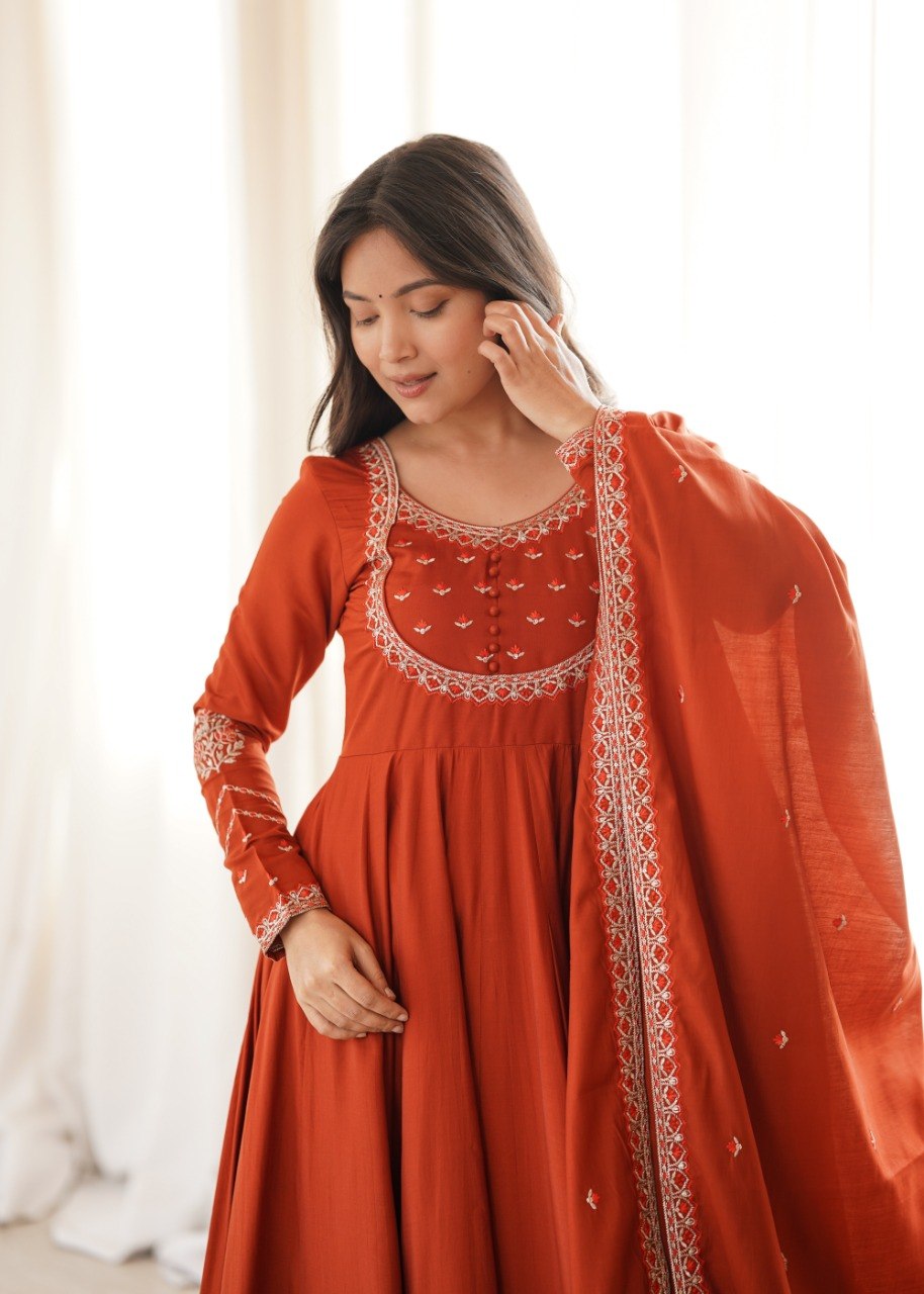 RUST ORANGE ROMAN CHANDERI SILK EMBROIDERED 16 KALI ANARKALI SUIT SET