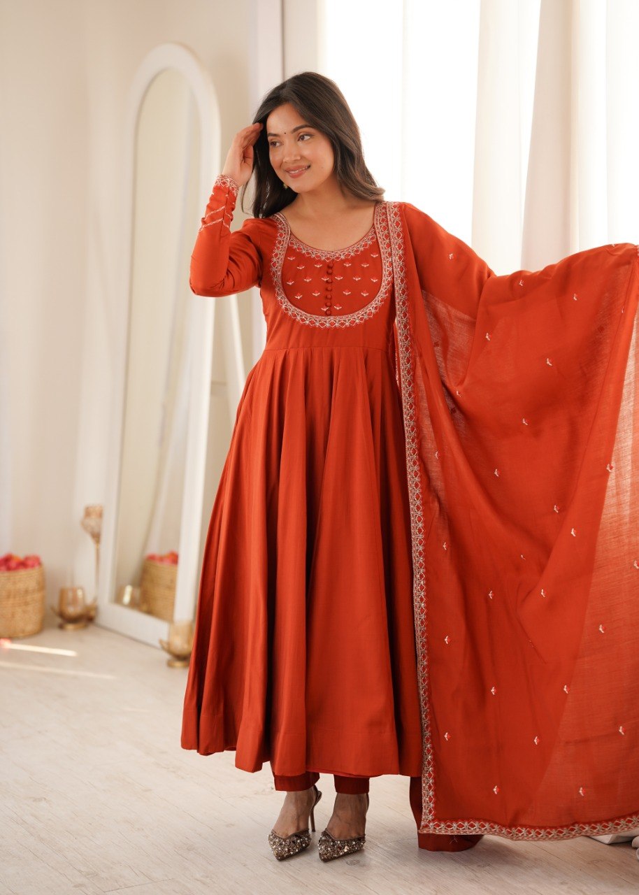 RUST ORANGE ROMAN CHANDERI SILK EMBROIDERED 16 KALI ANARKALI SUIT SET