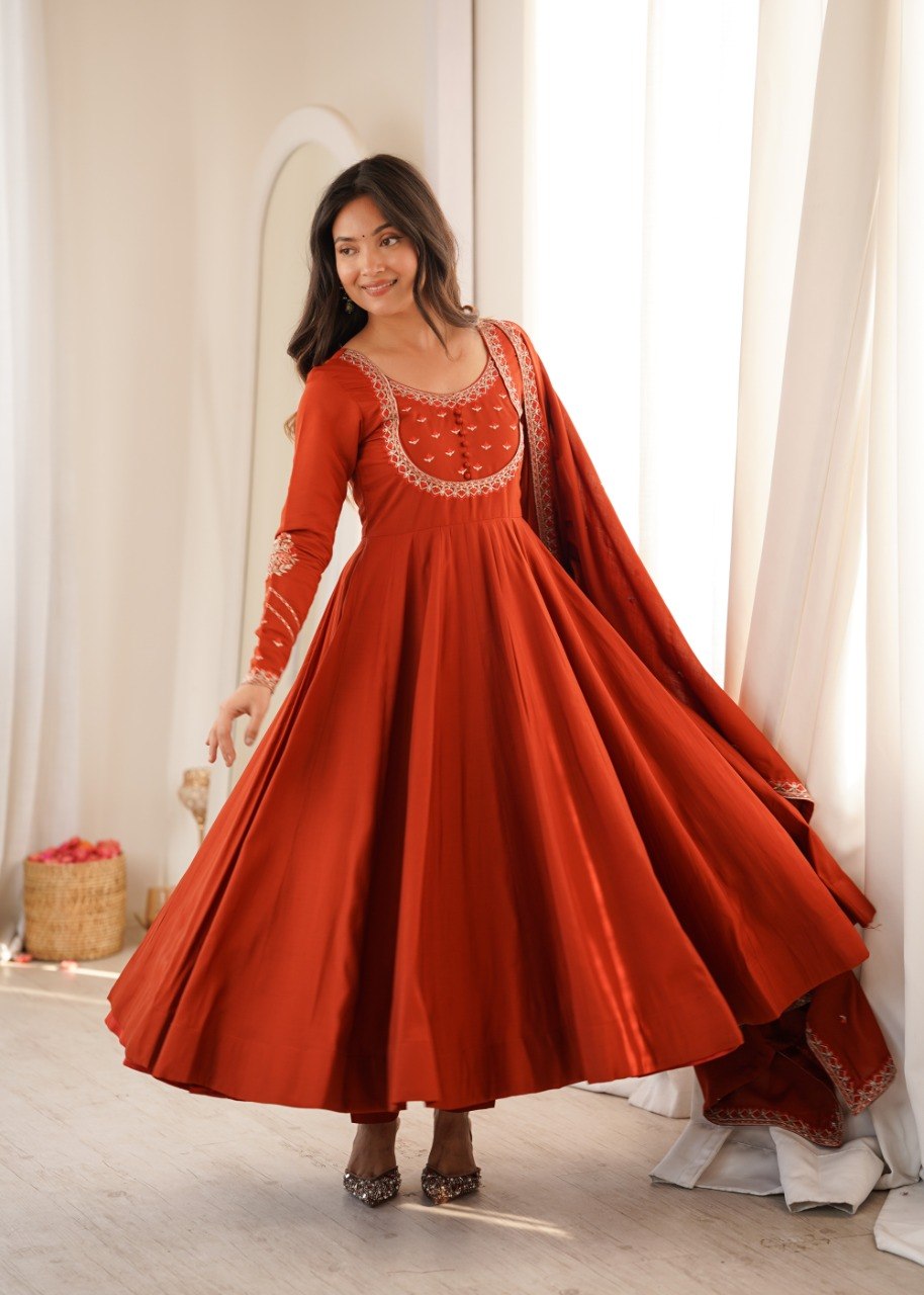 RUST ORANGE ROMAN CHANDERI SILK EMBROIDERED 16 KALI ANARKALI SUIT SET