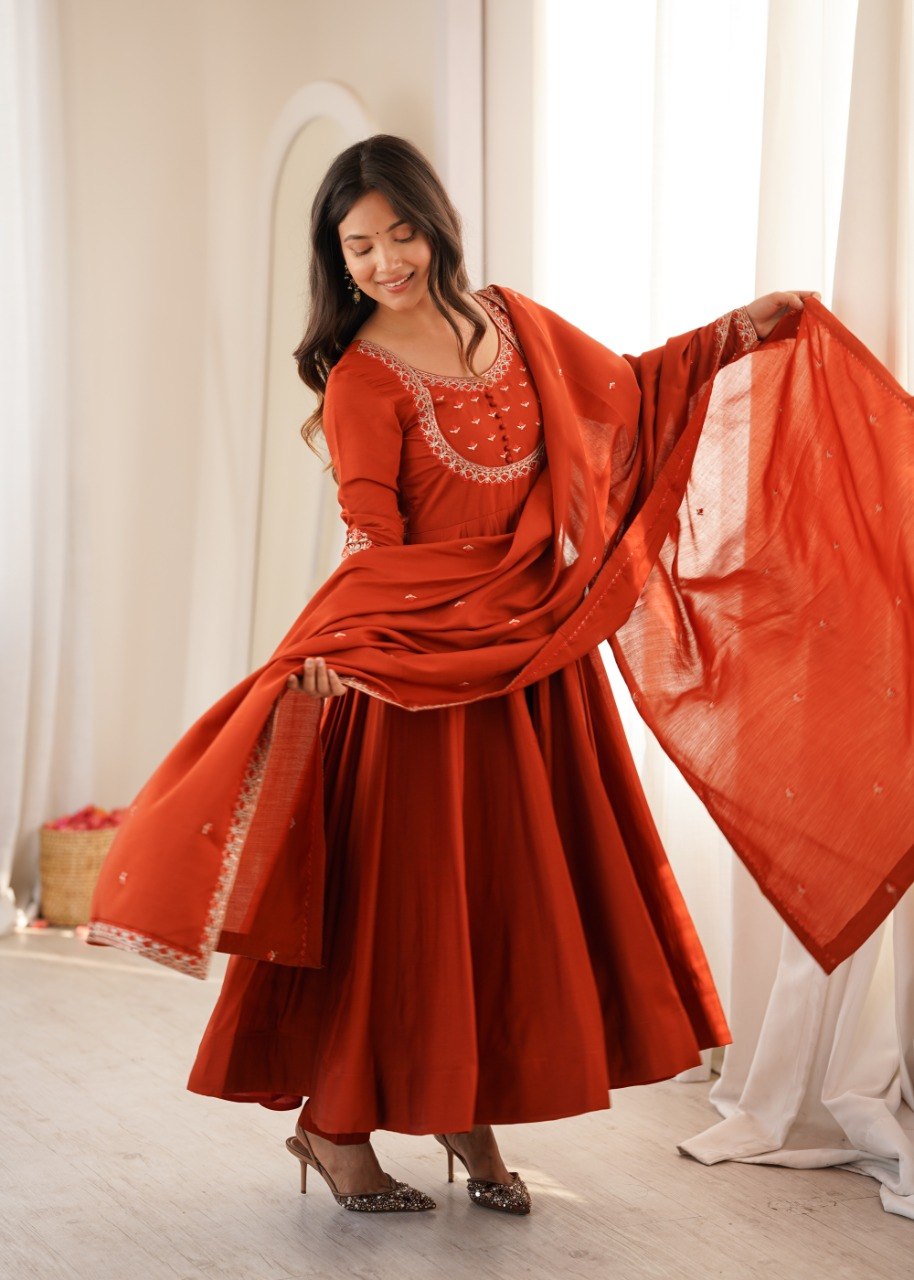 RUST ORANGE ROMAN CHANDERI SILK EMBROIDERED 16 KALI ANARKALI SUIT SET