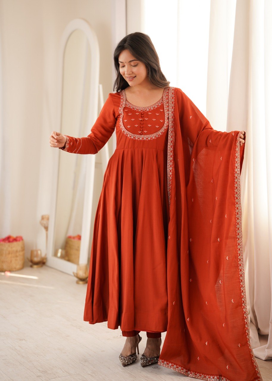 RUST ORANGE ROMAN CHANDERI SILK EMBROIDERED 16 KALI ANARKALI SUIT SET
