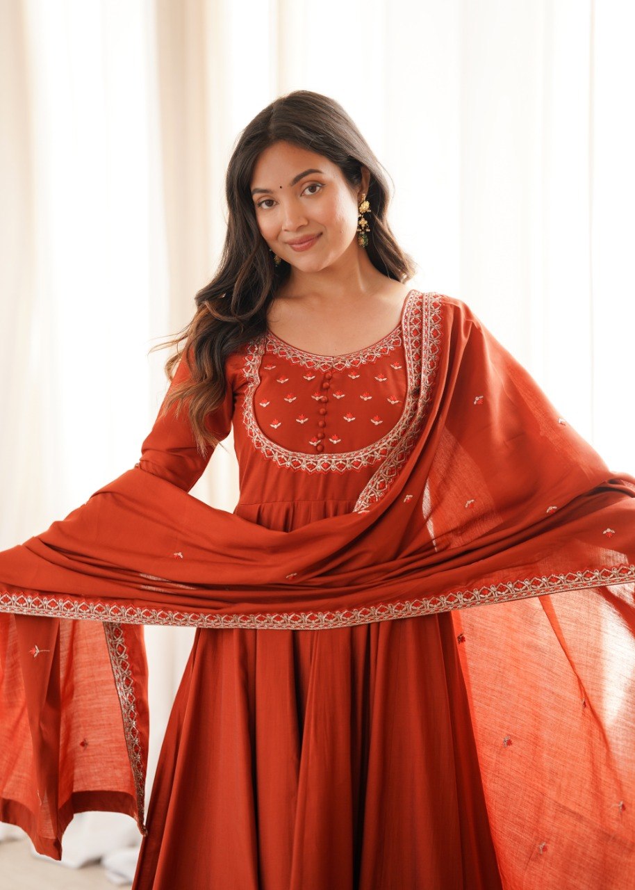 RUST ORANGE ROMAN CHANDERI SILK EMBROIDERED 16 KALI ANARKALI SUIT SET