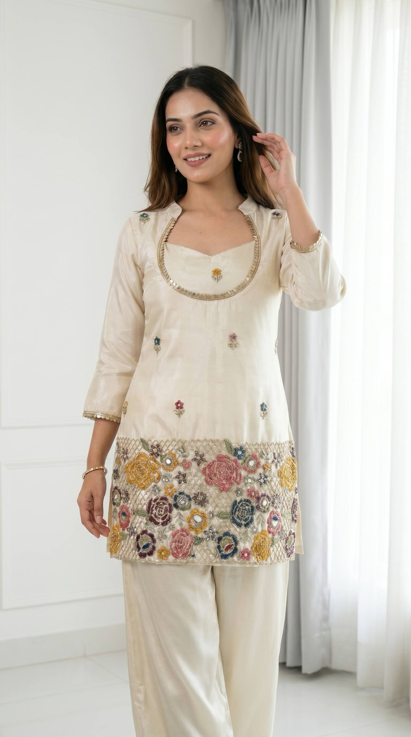 DESIGNER IVORY FLORAL EMBROIDERED KURTA PALAZZO SET