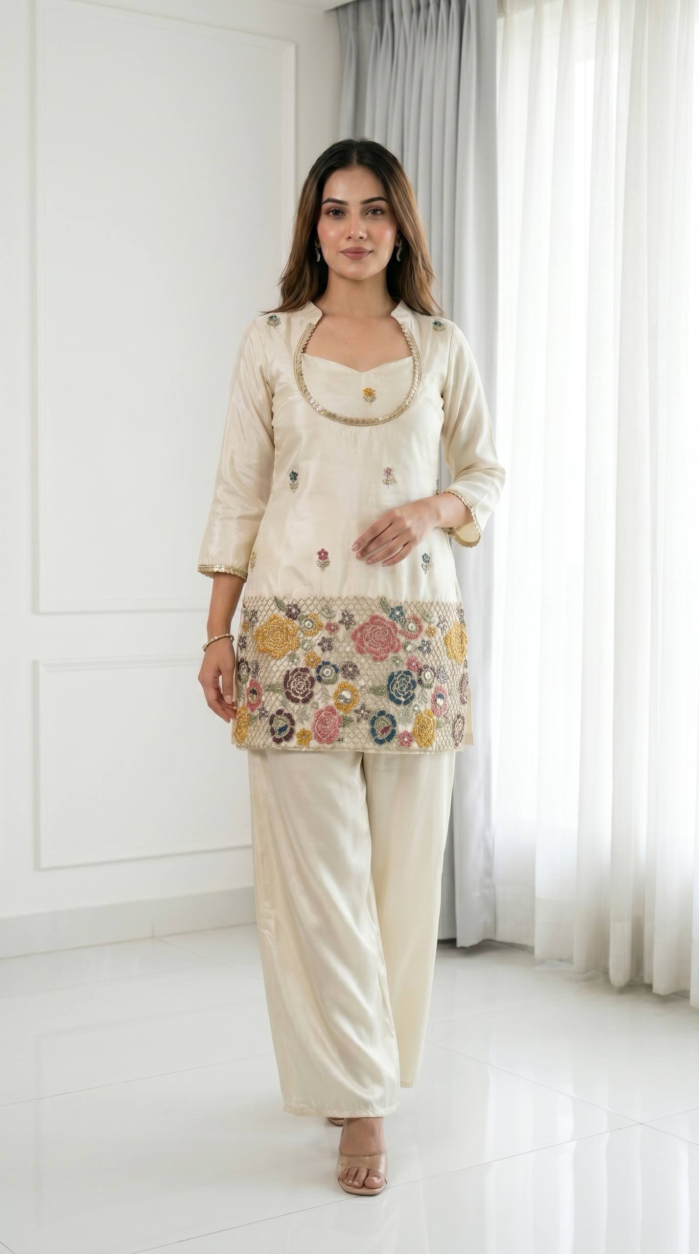 DESIGNER IVORY FLORAL EMBROIDERED KURTA PALAZZO SET