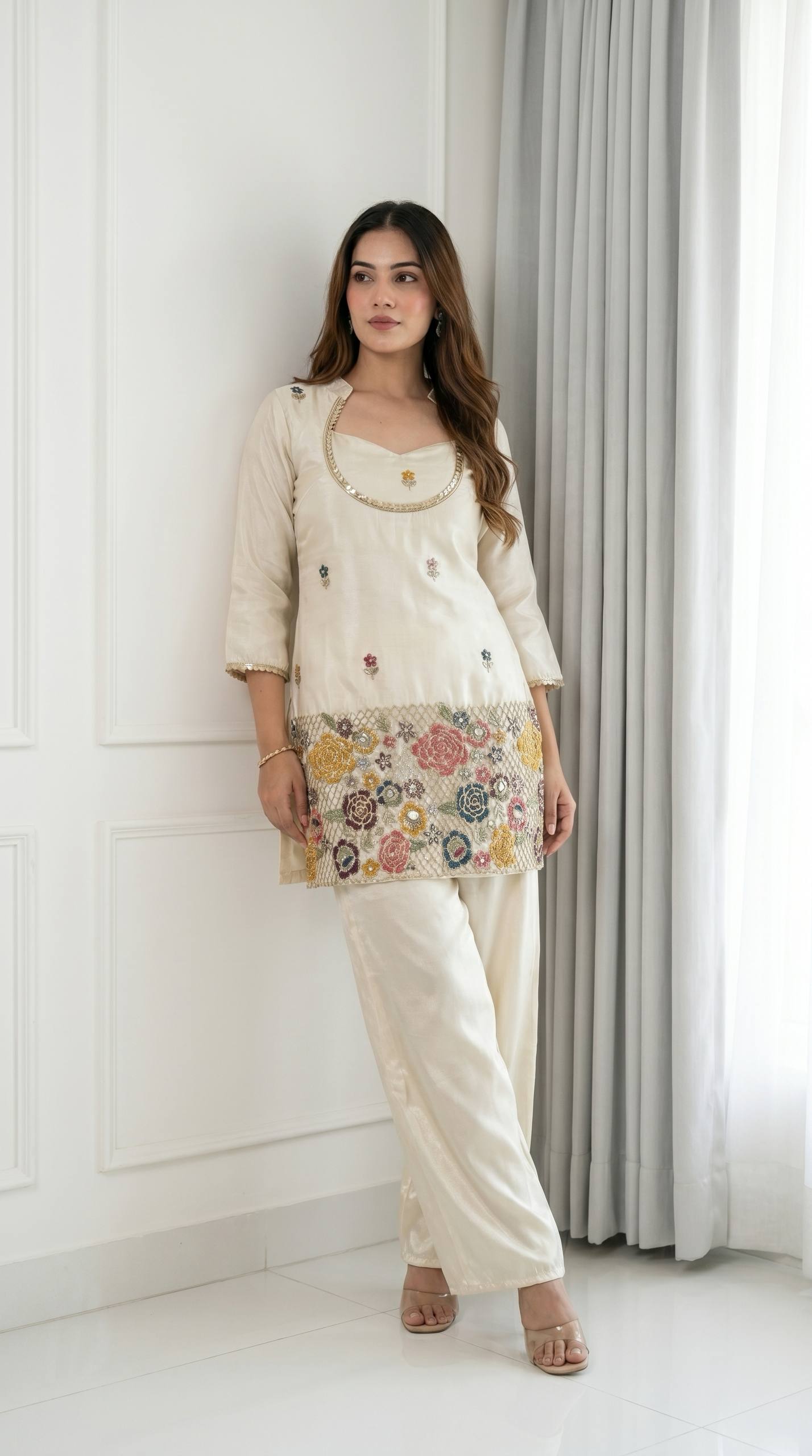 DESIGNER IVORY FLORAL EMBROIDERED KURTA PALAZZO SET