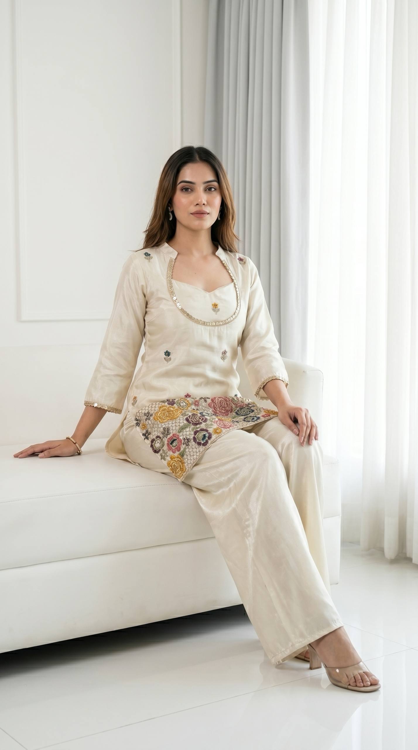 DESIGNER IVORY FLORAL EMBROIDERED KURTA PALAZZO SET