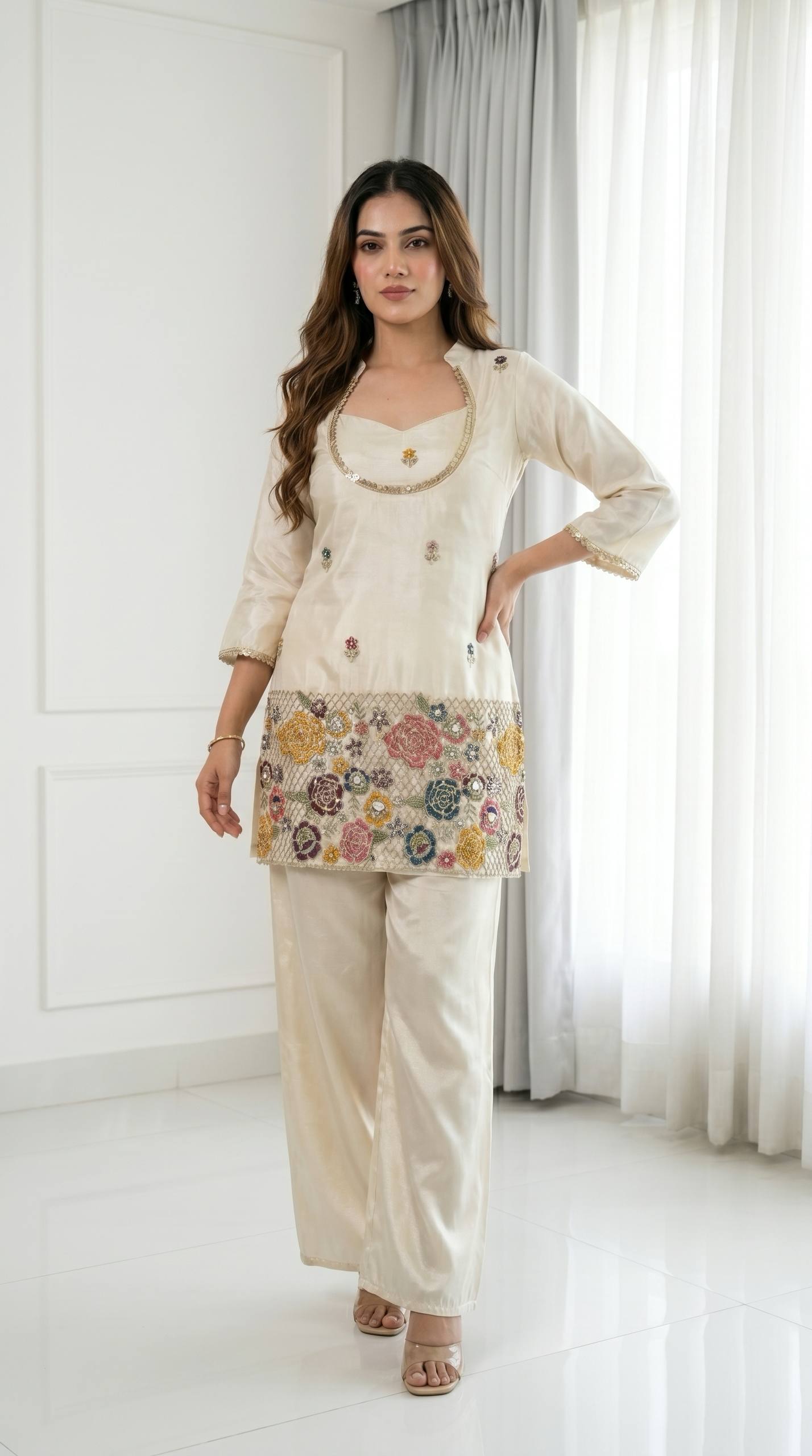 DESIGNER IVORY FLORAL EMBROIDERED KURTA PALAZZO SET