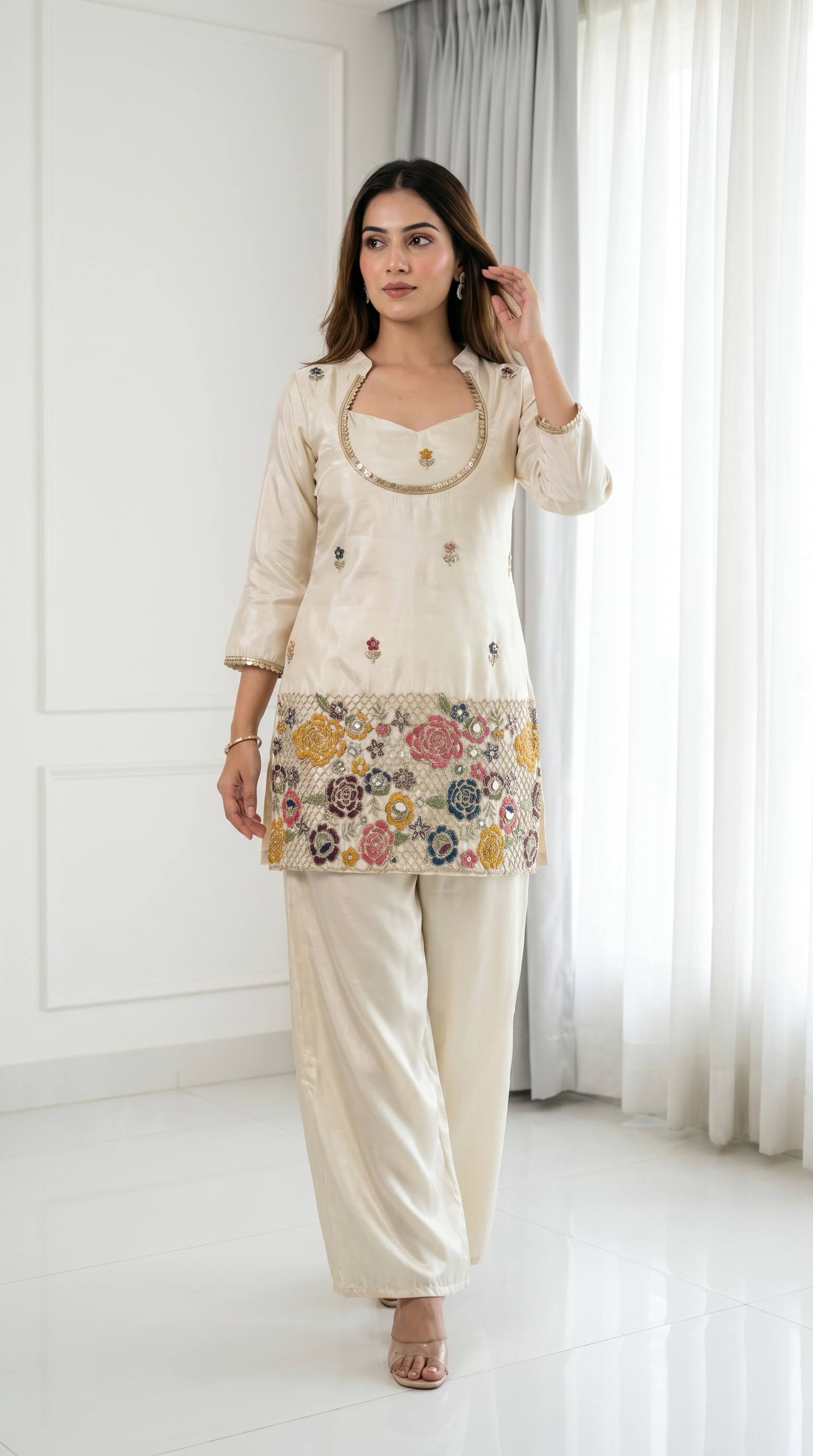 DESIGNER IVORY FLORAL EMBROIDERED KURTA PALAZZO SET