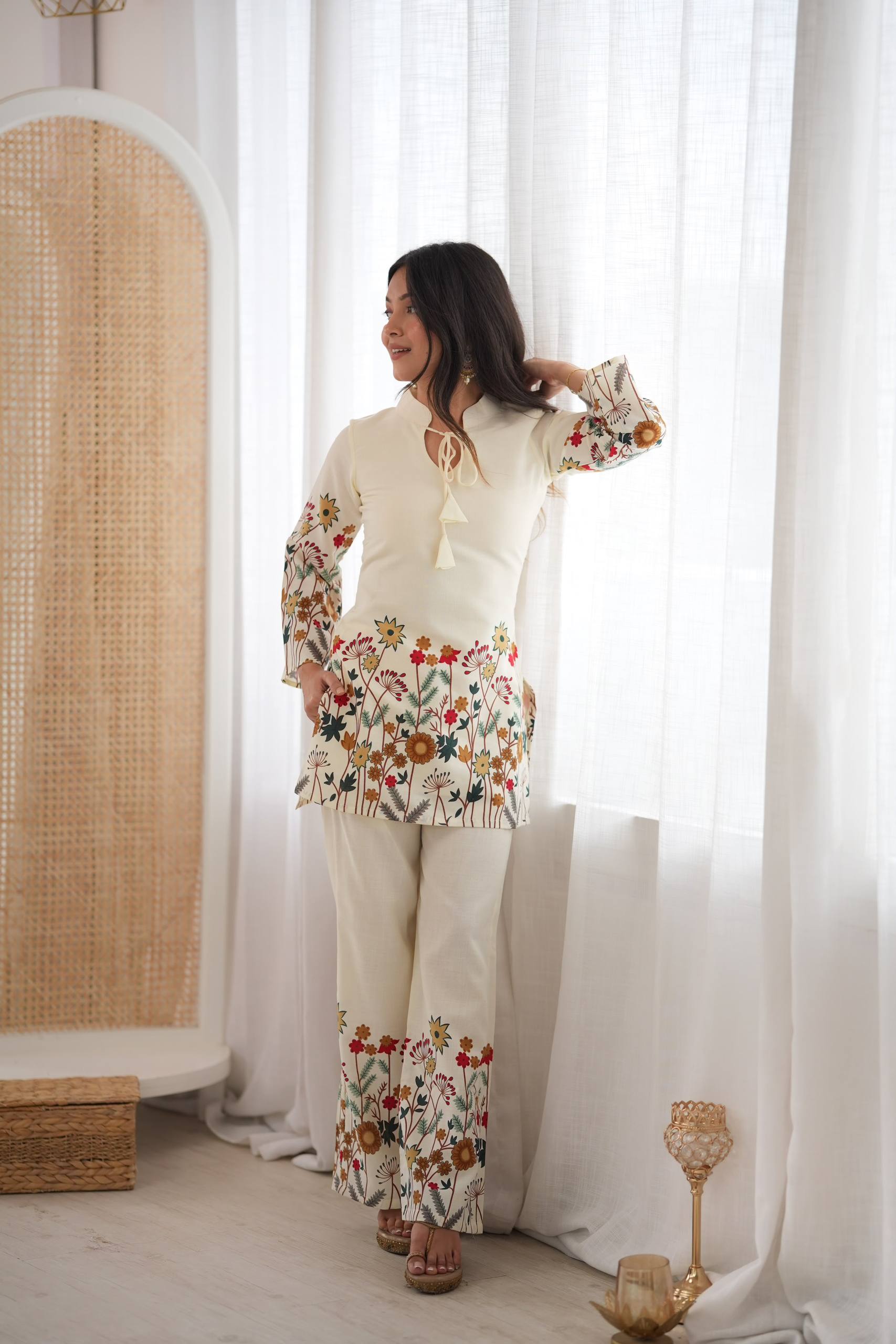 RAKHI SPECIAL CREAM MAGIC SLUB COTTON FLORAL PRINTED CO-ORD SET