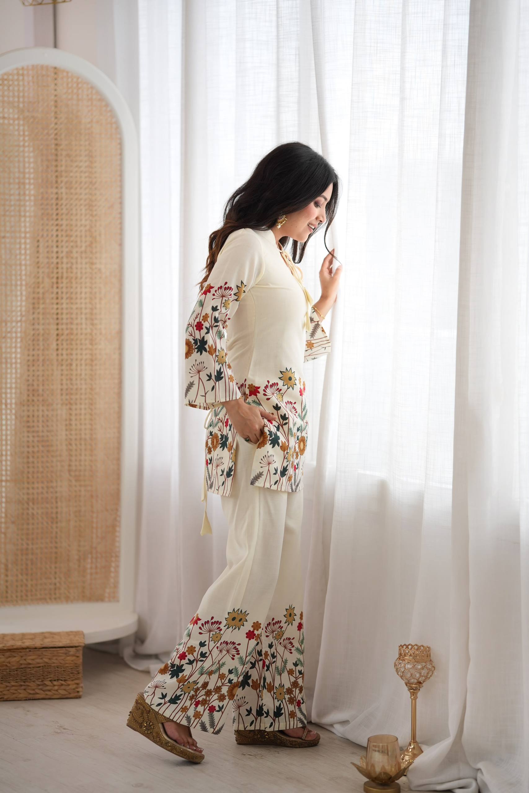 RAKHI SPECIAL CREAM MAGIC SLUB COTTON FLORAL PRINTED CO-ORD SET