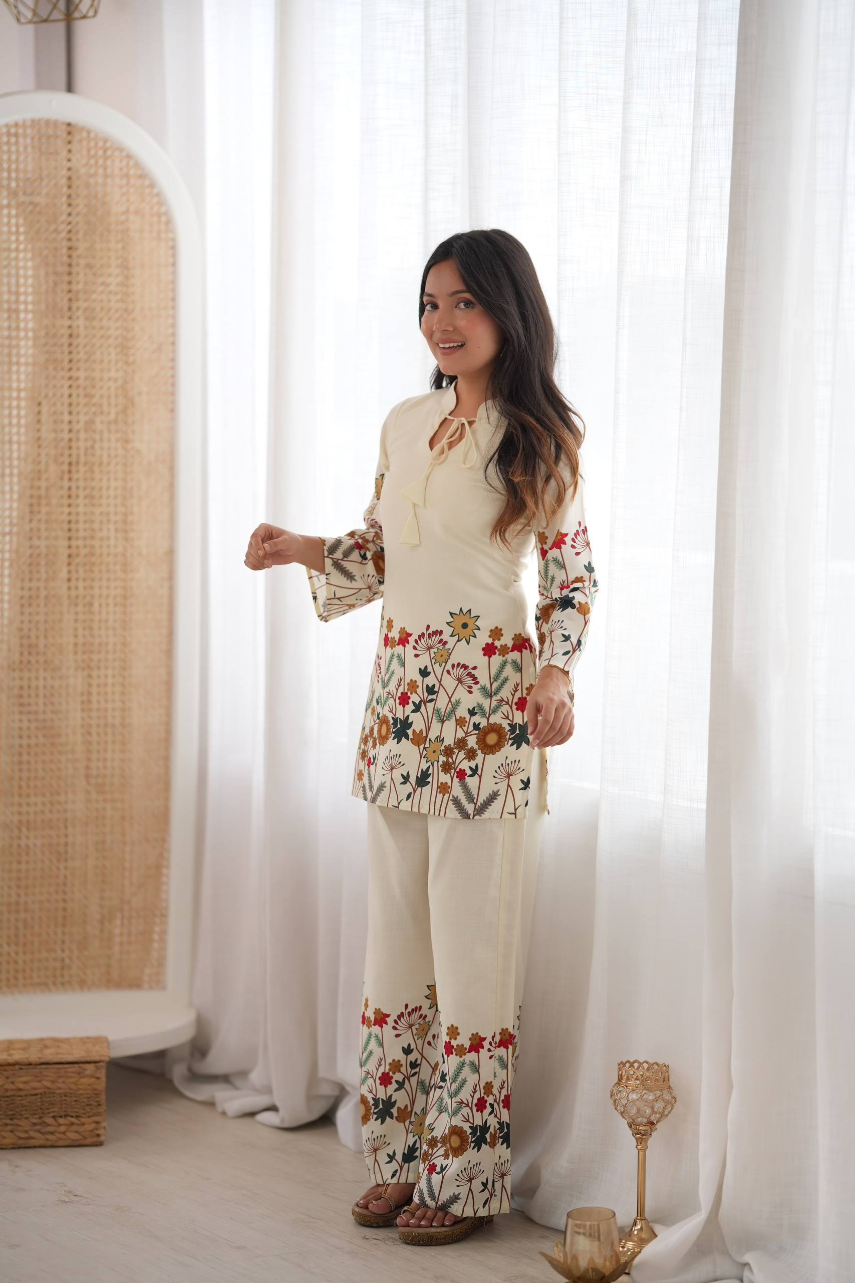 RAKHI SPECIAL CREAM MAGIC SLUB COTTON FLORAL PRINTED CO-ORD SET