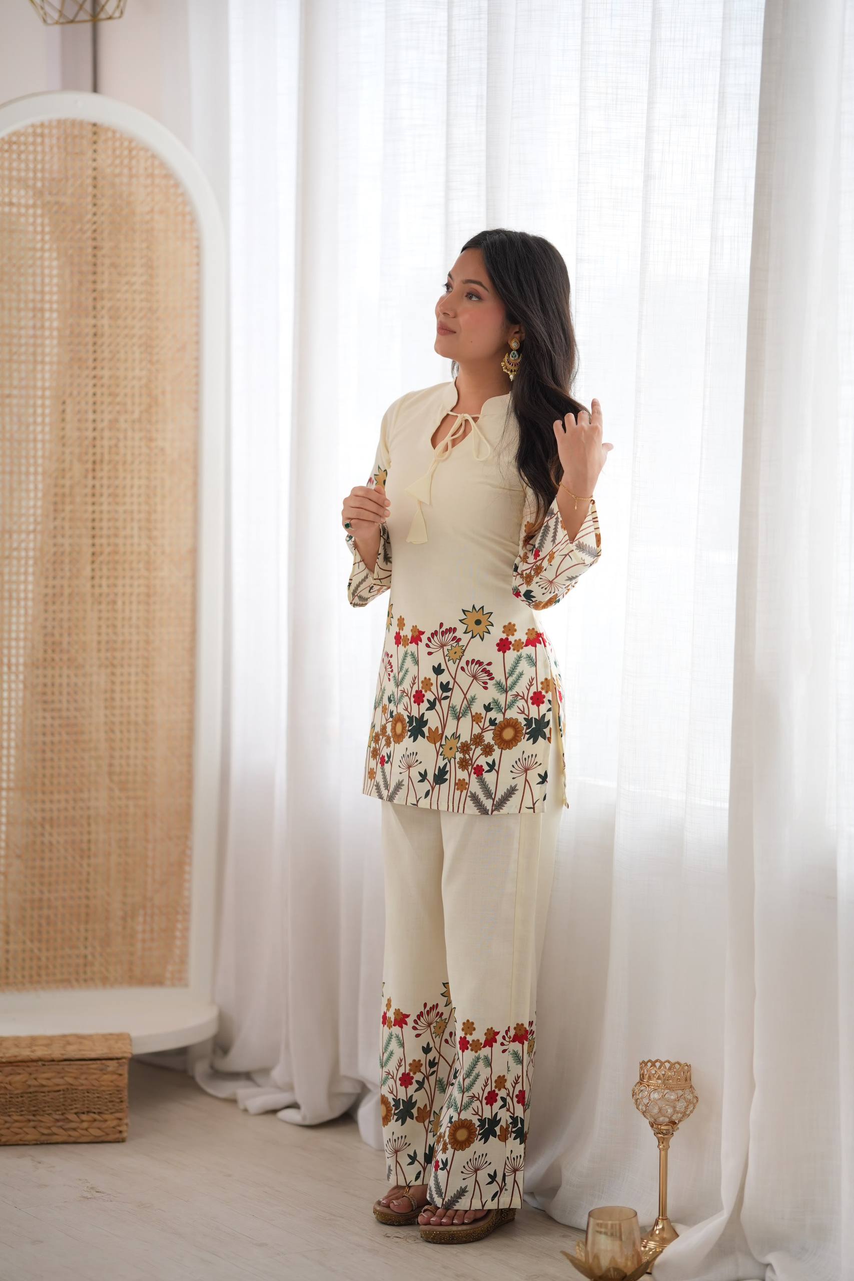 RAKHI SPECIAL CREAM MAGIC SLUB COTTON FLORAL PRINTED CO-ORD SET