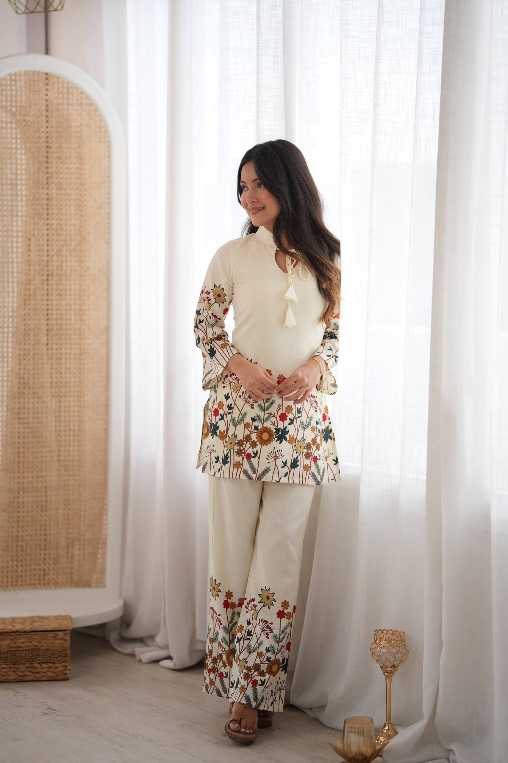 RAKHI SPECIAL CREAM MAGIC SLUB COTTON FLORAL PRINTED CO-ORD SET