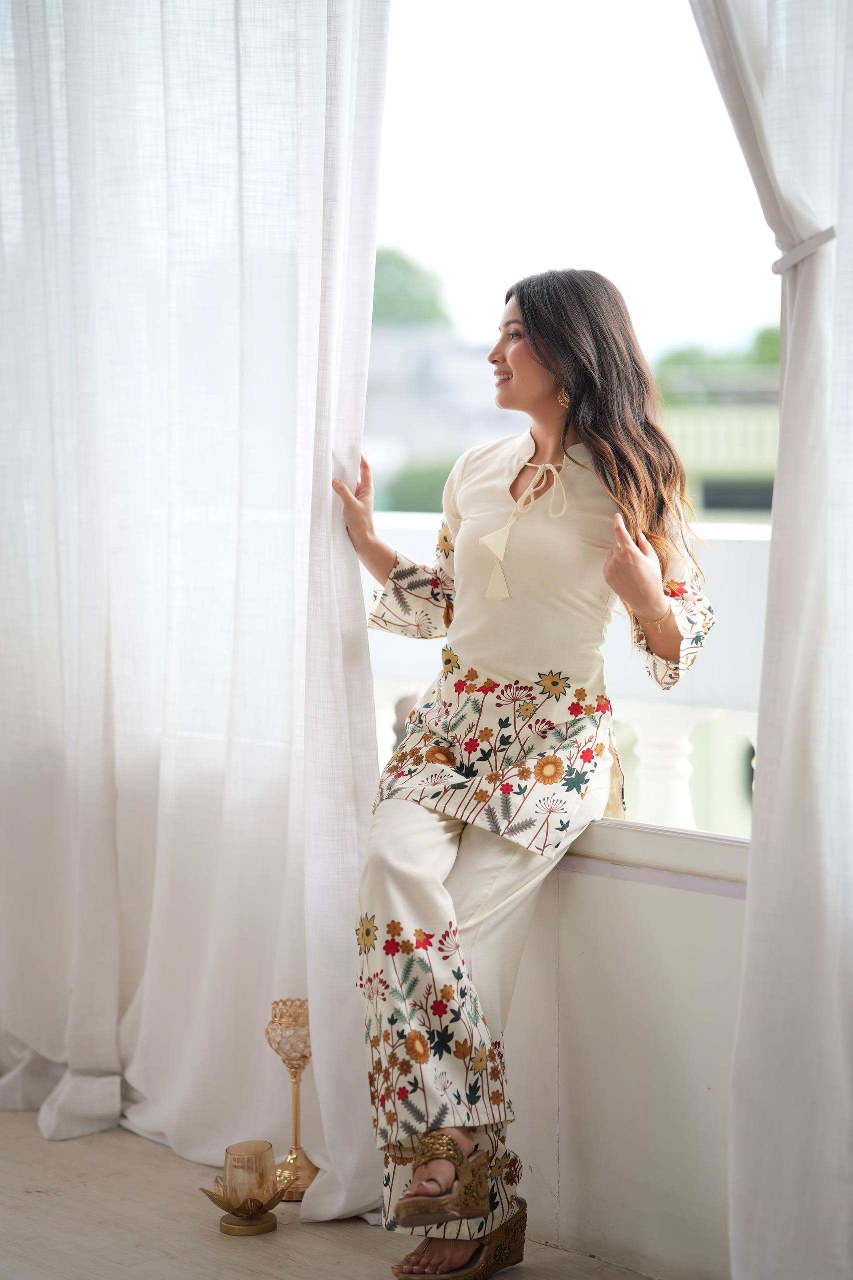 RAKHI SPECIAL CREAM MAGIC SLUB COTTON FLORAL PRINTED CO-ORD SET