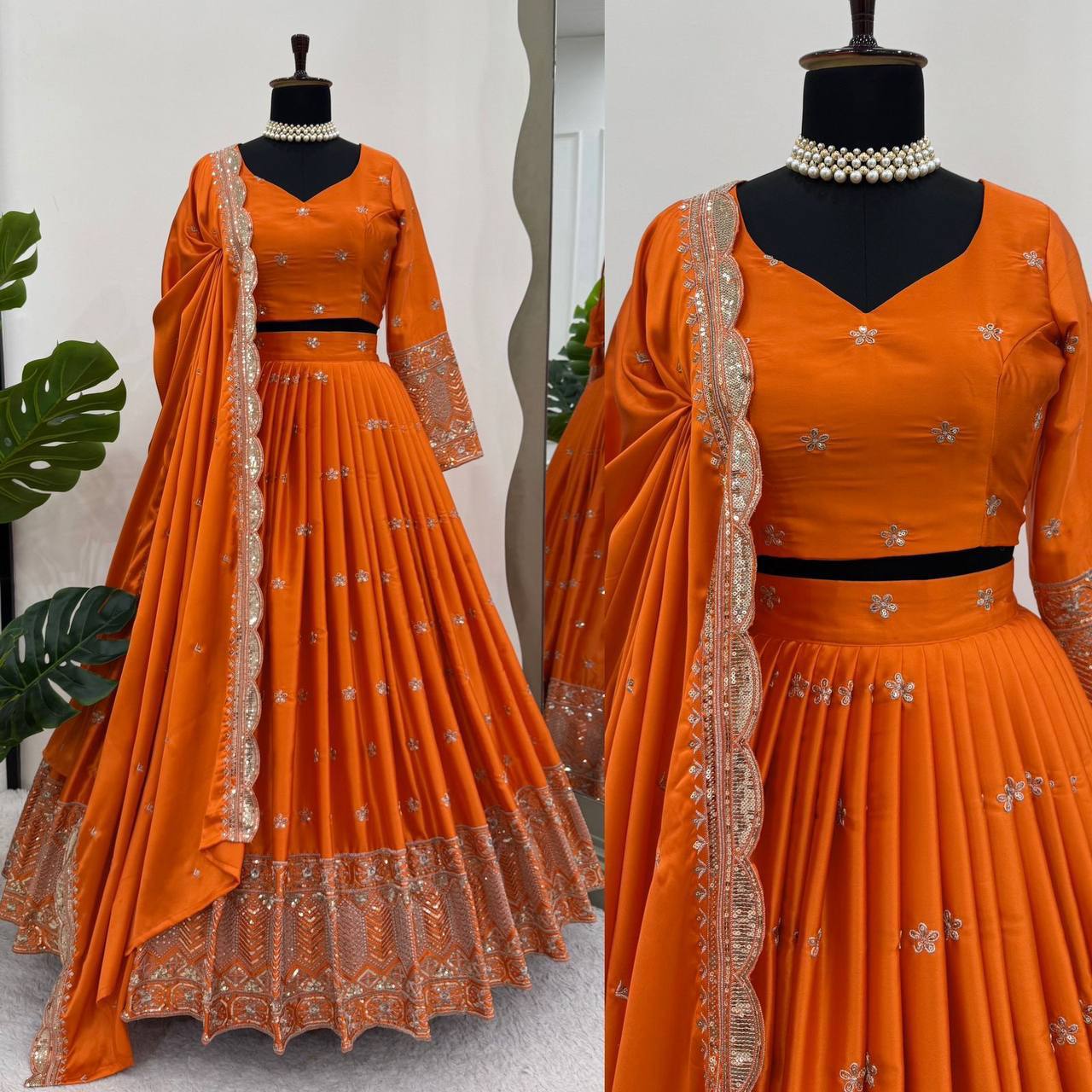 ORANGE COLOR EMBROIDERED SEQUENCE WORK SATIN SILK LEHENGA CHOLI
