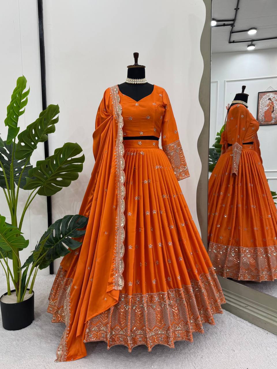ORANGE COLOR EMBROIDERED SEQUENCE WORK SATIN SILK LEHENGA CHOLI