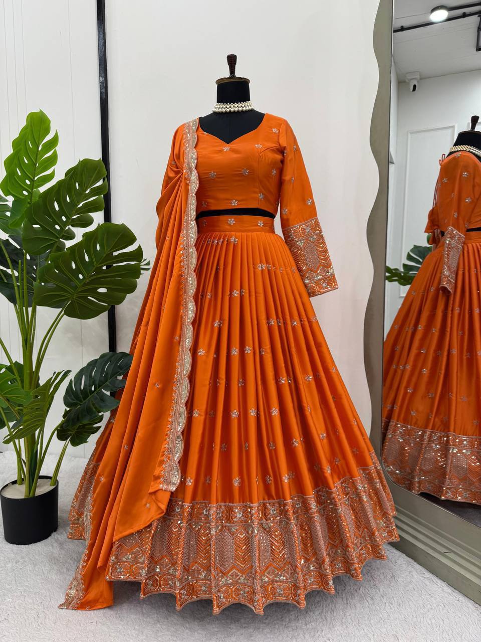 ORANGE COLOR EMBROIDERED SEQUENCE WORK SATIN SILK LEHENGA CHOLI