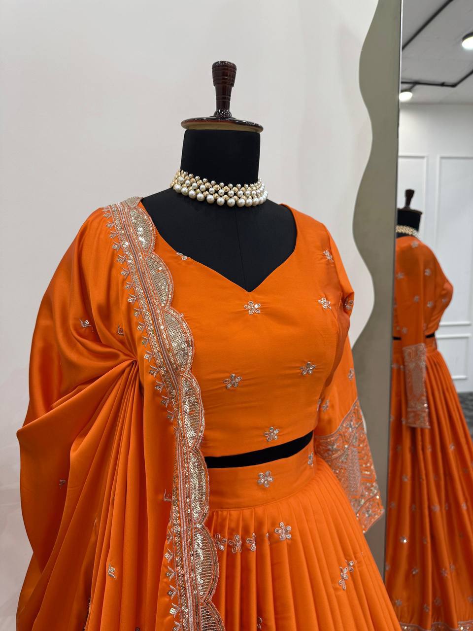 ORANGE COLOR EMBROIDERED SEQUENCE WORK SATIN SILK LEHENGA CHOLI