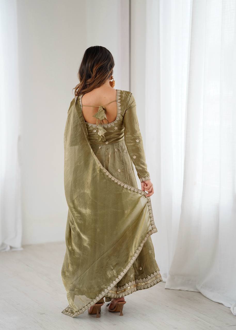 MEHNDI COLOR FANDY SILK BASE EMBROIDERED ANARKALI SUIT SET OF 3