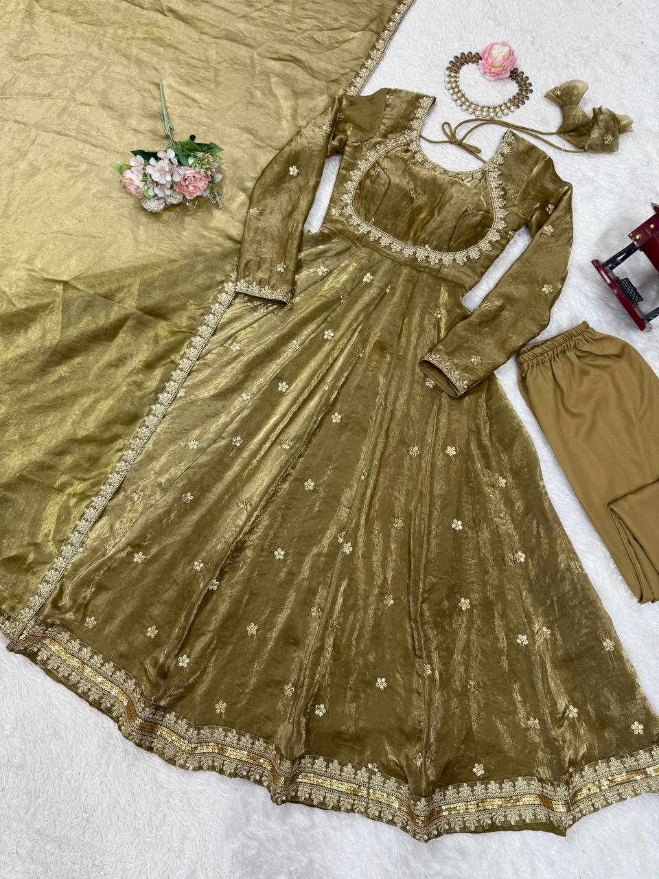 MEHNDI COLOR FANDY SILK BASE EMBROIDERED ANARKALI SUIT SET OF 3