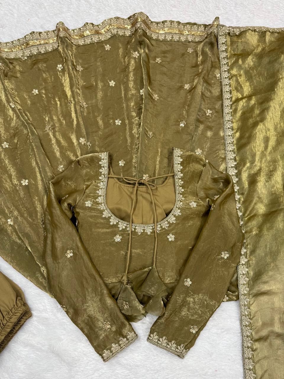 MEHNDI COLOR FANDY SILK BASE EMBROIDERED ANARKALI SUIT SET OF 3