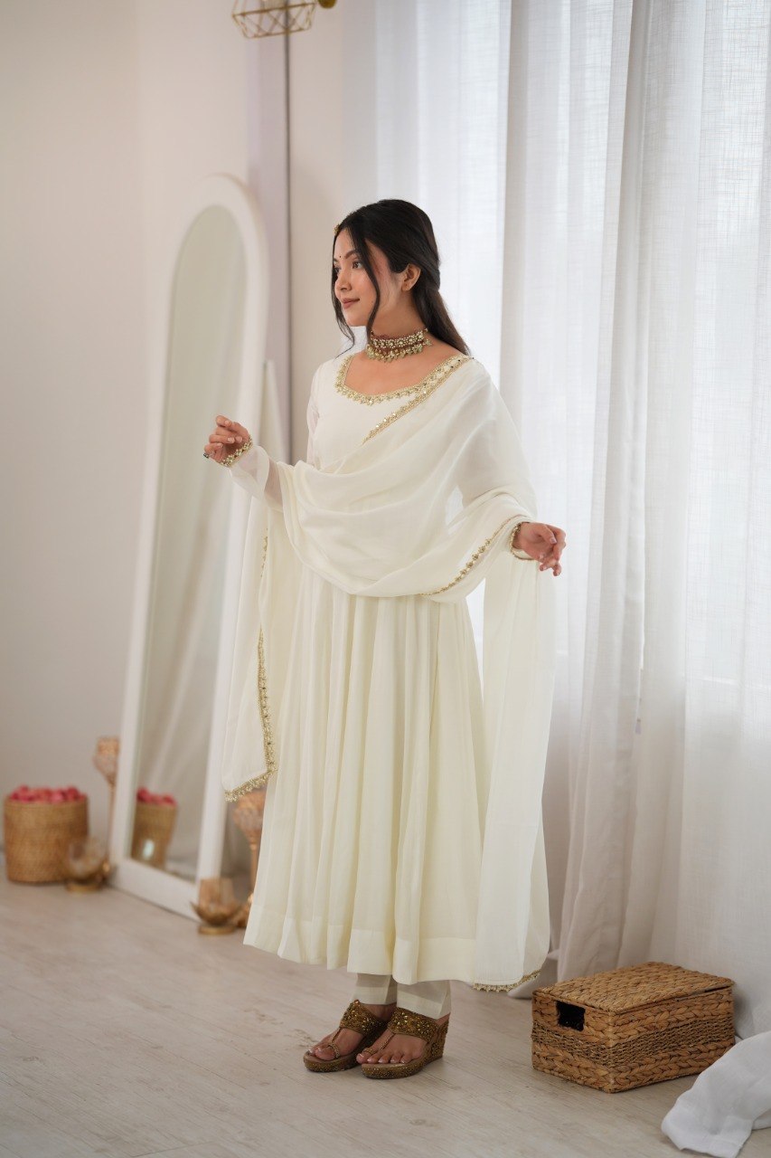 DESIGNER OFF WHITE MAL CHANDERI MIRROR WORK 16 KALI ANARKALI SUIT SET
