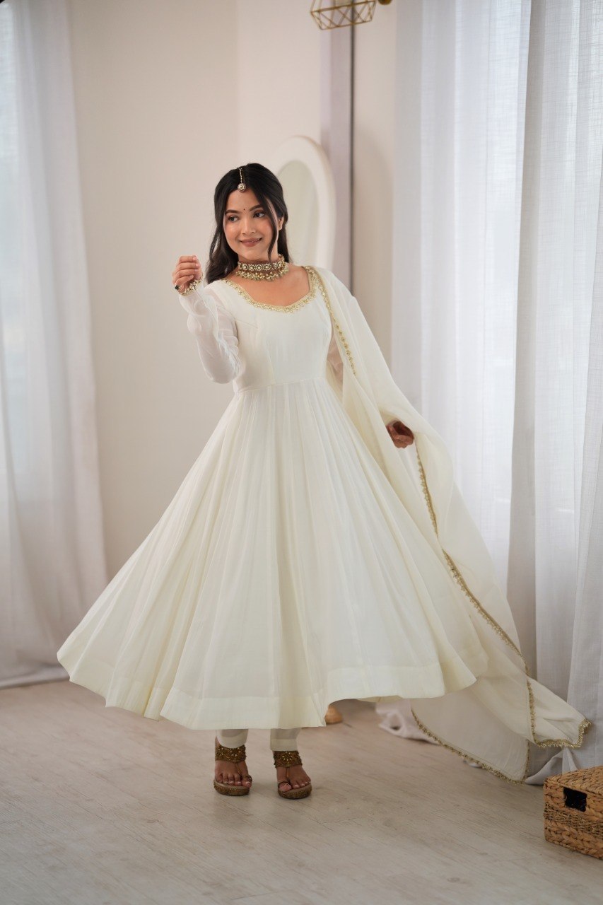 DESIGNER OFF WHITE MAL CHANDERI MIRROR WORK 16 KALI ANARKALI SUIT SET