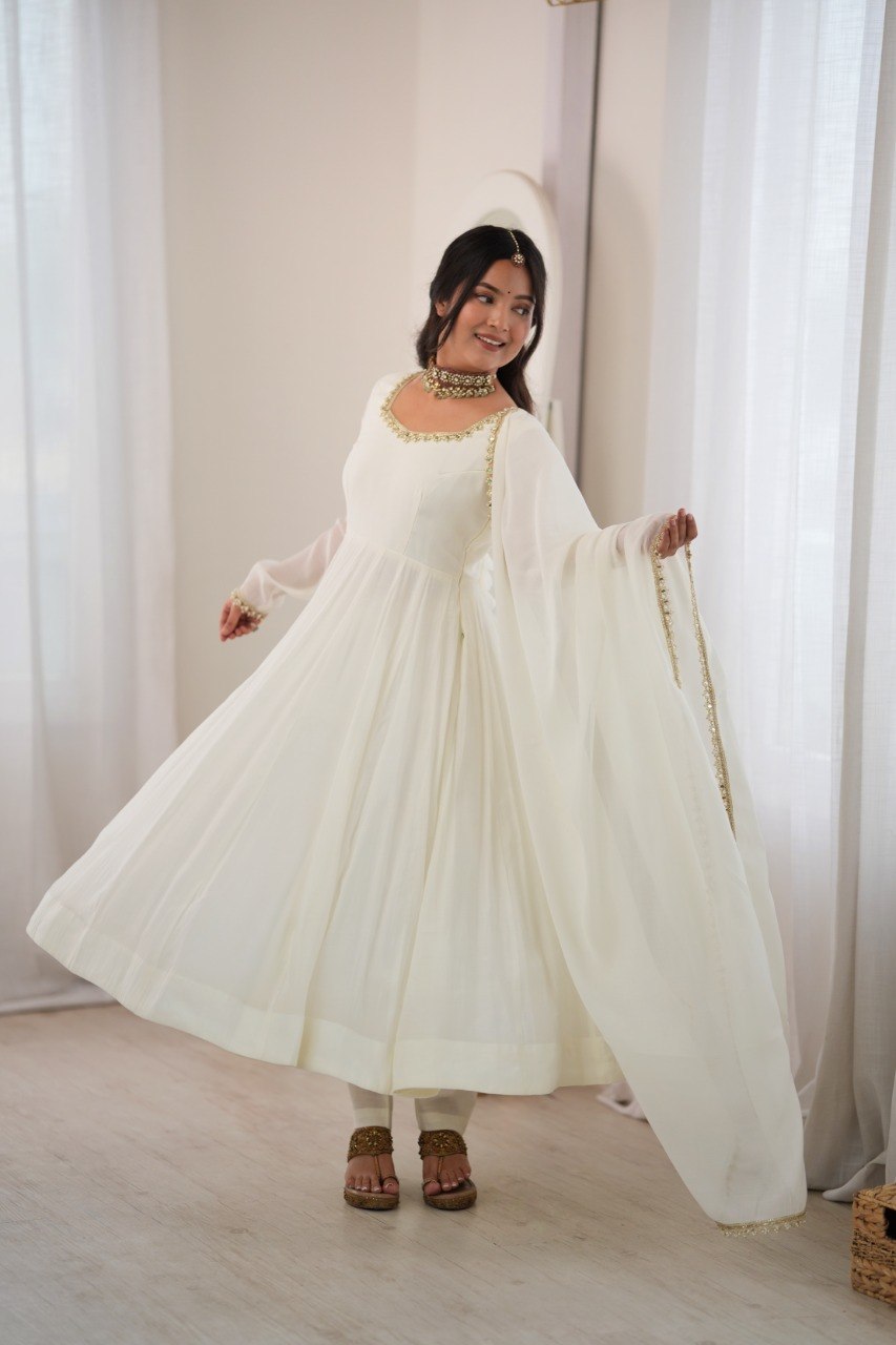DESIGNER OFF WHITE MAL CHANDERI MIRROR WORK 16 KALI ANARKALI SUIT SET