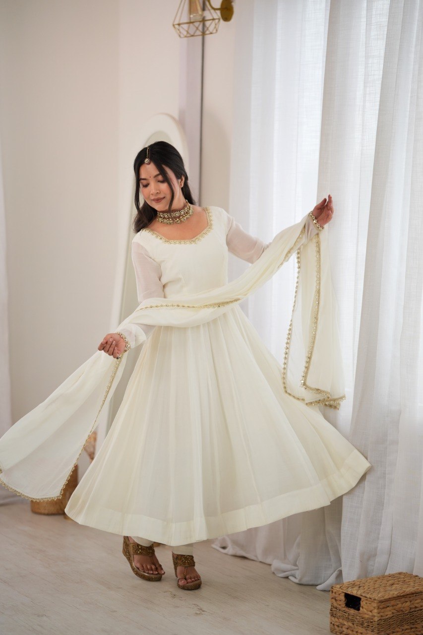 DESIGNER OFF WHITE MAL CHANDERI MIRROR WORK 16 KALI ANARKALI SUIT SET