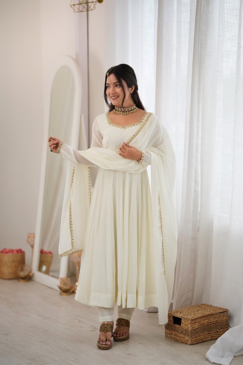 DESIGNER OFF WHITE MAL CHANDERI MIRROR WORK 16 KALI ANARKALI SUIT SET