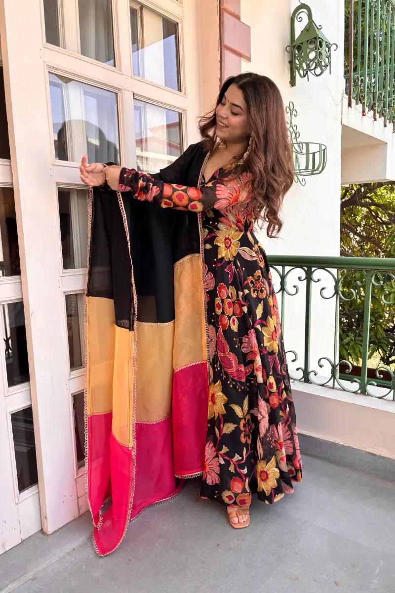 MIDNIGHT BLOOM FLORAL PRINTED FLARED ANARKALI GOWN WITH CONTRAST DUPATTA