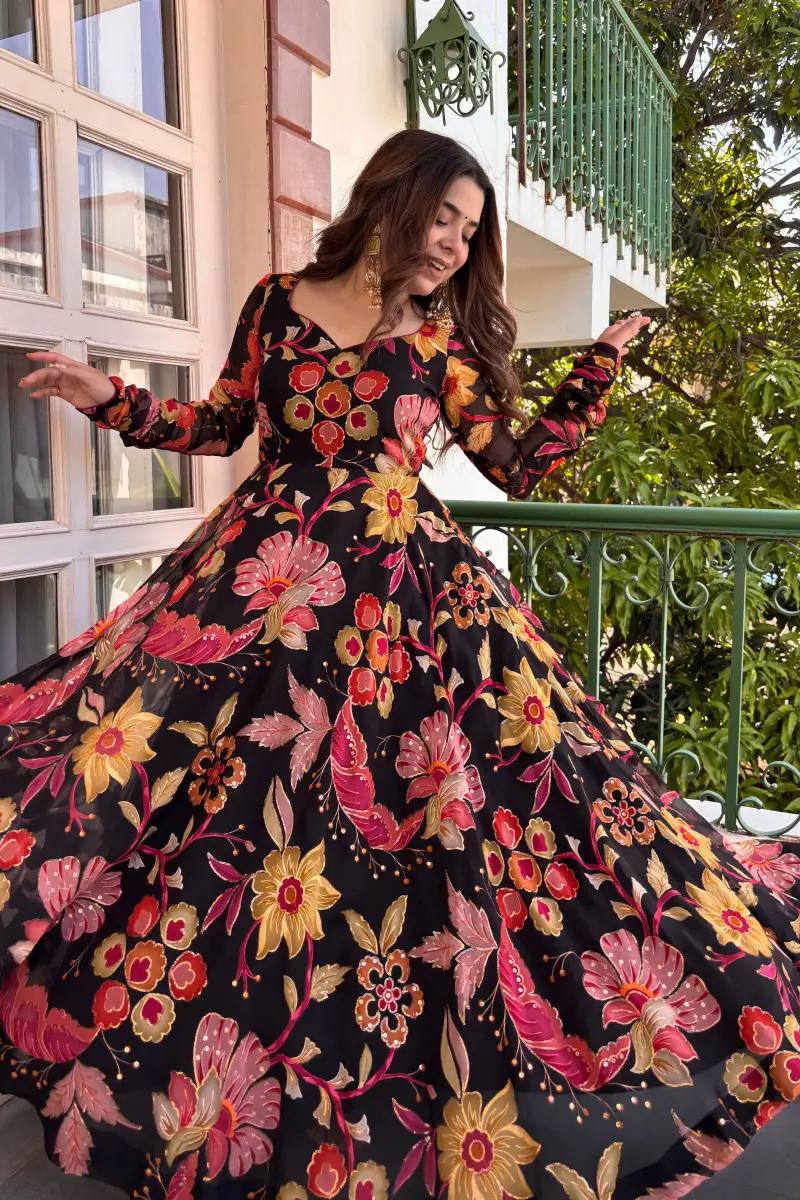 MIDNIGHT BLOOM FLORAL PRINTED FLARED ANARKALI GOWN WITH CONTRAST DUPATTA