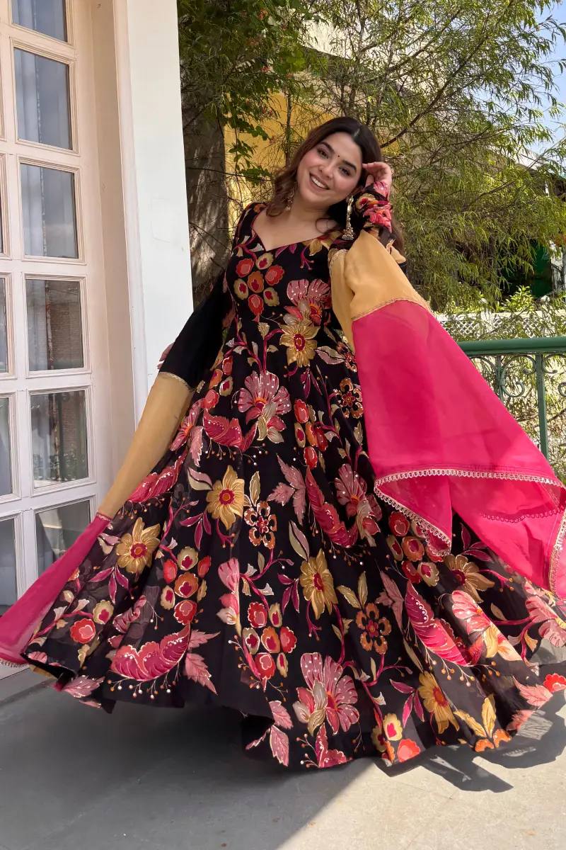 MIDNIGHT BLOOM FLORAL PRINTED FLARED ANARKALI GOWN WITH CONTRAST DUPATTA